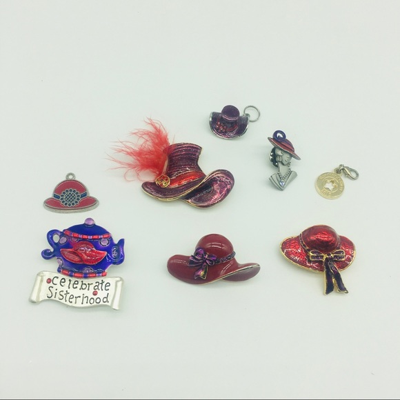 Fun Lot of Red Hat Society Pin Rhinestones Feathers Brooch Lot 8 items J17 - Picture 1 of 8